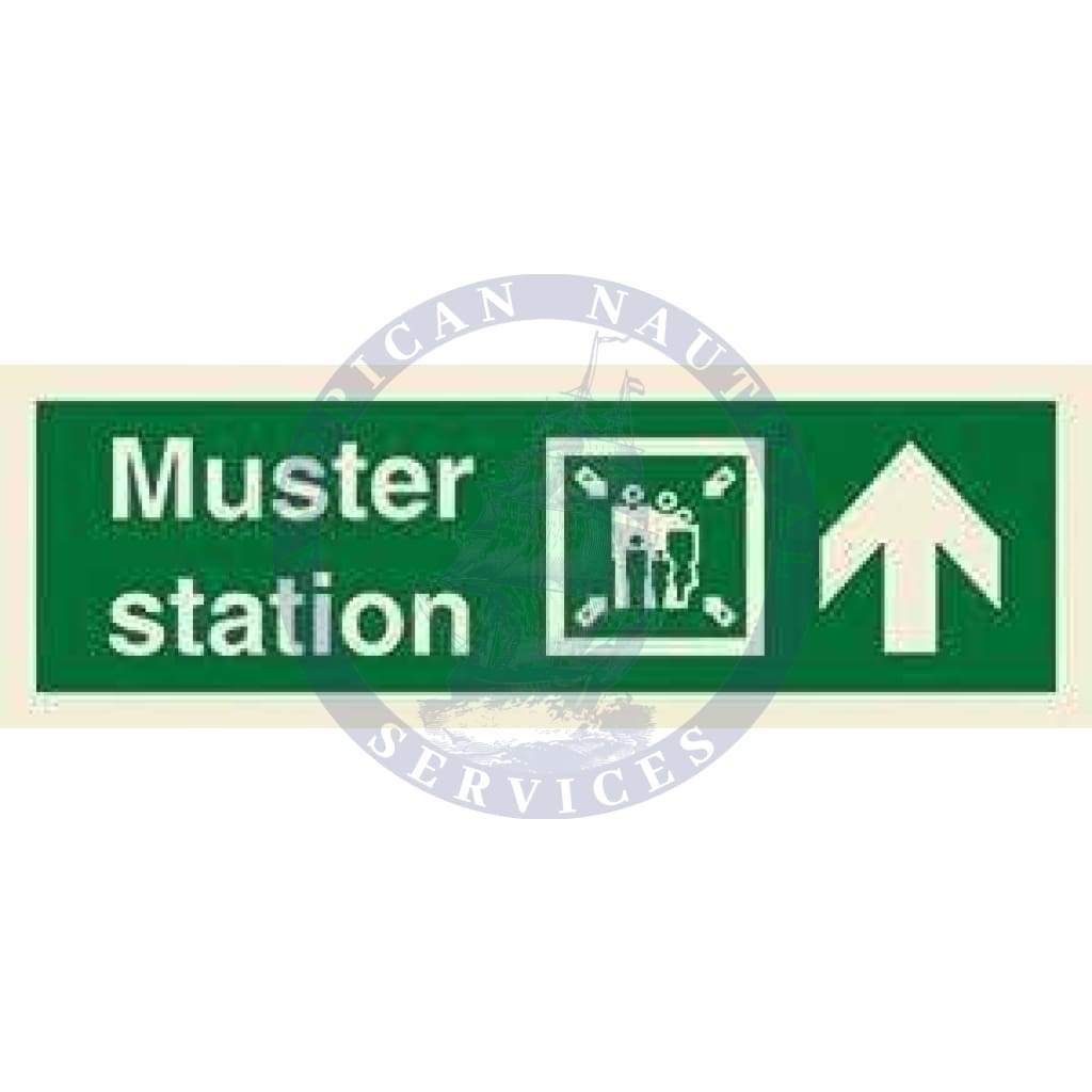 Marine Direction Sign: Muster station + Symbol + Arrow up on right